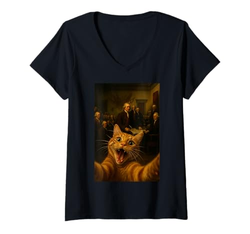 Damen Funny Cat Selfie American Independence History 4. Juli T-Shirt mit V-Ausschnitt Damen Funny Cat Selfie American Independence History 4. Juli T-Shirt mit V-Ausschnitt von Hilarious Cat Selfie US Founding Fathers Patriotic