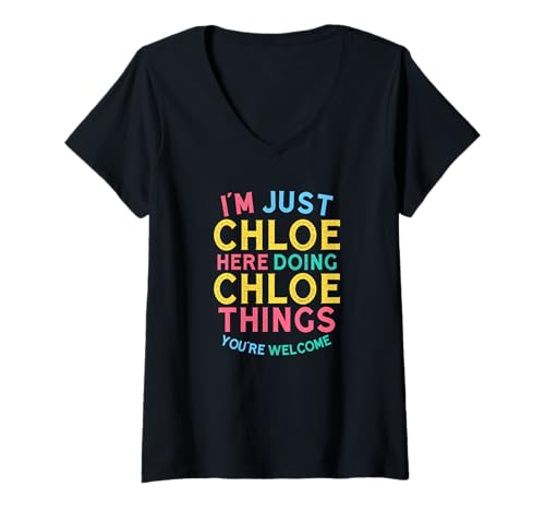 Damen Chloe Macht Hier Chloe-Dinge Lustiger Chloe-Name T-Shirt mit V-Ausschnitt Damen Chloe Macht Hier Chloe-Dinge Lustiger Chloe-Name T-Shirt mit V-Ausschnitt von Hilarious Chloe Girl Name Stuff Corner