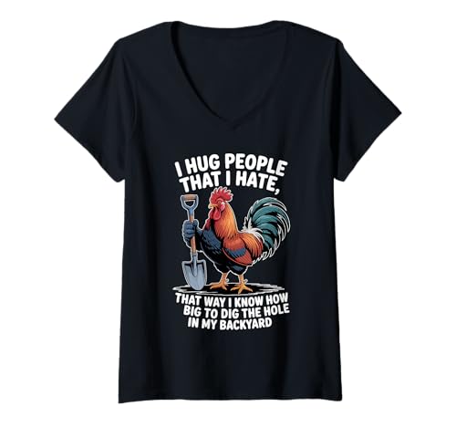 Damen Lustiger Hahn mit Schaufel, Bauernhofleben, Gartenarbeit, Humor T-Shirt mit V-Ausschnitt Damen Lustiger Hahn mit Schaufel, Bauernhofleben, Gartenarbeit, Humor T-Shirt mit V-Ausschnitt von Hilarious Country Life Farm Animals Chicken Humor