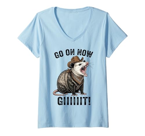 Damen Vintage Cowboy Opossum Go On Now Giiiit Lustiges Western-T-Shirt T-Shirt mit V-Ausschnitt Damen Vintage Cowboy Opossum Go On Now Giiiit Lustiges Western-T-Shirt T-Shirt mit V-Ausschnitt von Hilarious Cowboy Opossum Critter Outfit