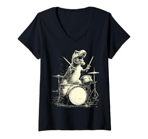 Damen T-rex Playing Drums Lustige Musik Dinosaurier Drummer Grafik T-Shirt mit V-Ausschnitt Damen T-rex Playing Drums Lustige Musik Dinosaurier Drummer Grafik T-Shirt mit V-Ausschnitt von Hilarious Dinosaurs Drummers Gifts