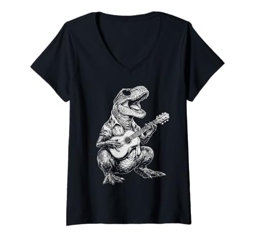 Damen T-Rex mit Sonnenbrille Dinosaurier Gitarrenspieler Lustiger Gitarrist T-Shirt mit V-Ausschnitt Damen T-Rex mit Sonnenbrille Dinosaurier Gitarrenspieler Lustiger Gitarrist T-Shirt mit V-Ausschnitt von Hilarious Dinosaurs Guitarists Gifts