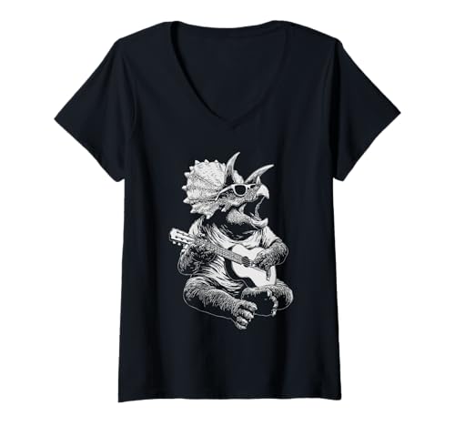 Damen Triceratops mit Sonnenbrille Gitarrenspieler Lustiger Gitarrist T-Shirt mit V-Ausschnitt Damen Triceratops mit Sonnenbrille Gitarrenspieler Lustiger Gitarrist T-Shirt mit V-Ausschnitt von Hilarious Dinosaurs Guitarists Gifts