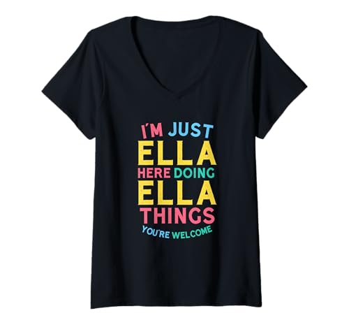 Damen Ella Macht Hier Ella Sachen Lustiger Ella Name T-Shirt mit V-Ausschnitt Damen Ella Macht Hier Ella Sachen Lustiger Ella Name T-Shirt mit V-Ausschnitt von Hilarious Ella Girl Name Stuff Corner
