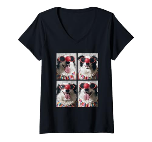 Damen Border Collie mit Sonnenbrille Clown Tiere Halloween Hunde T-Shirt mit V-Ausschnitt von Hilarious Halloween Costumes Gifts