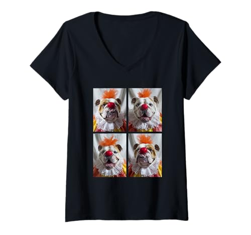 Damen Clowns British Bulldogs Lustige Tiere Kidcore Halloween Hunde T-Shirt mit V-Ausschnitt von Hilarious Halloween Costumes Gifts