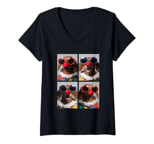 Damen Dackel mit Sonnenbrille Clown Tiere Halloween Hunde T-Shirt mit V-Ausschnitt von Hilarious Halloween Costumes Gifts
