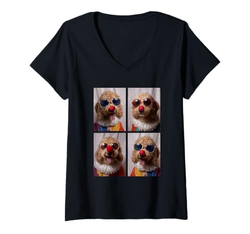 Damen Clown Goldendoodles mit Sonnenbrille Kidcore Halloween Hunde T-Shirt mit V-Ausschnitt Damen Clown Goldendoodles mit Sonnenbrille Kidcore Halloween Hunde T-Shirt mit V-Ausschnitt von Hilarious Halloween Costumes