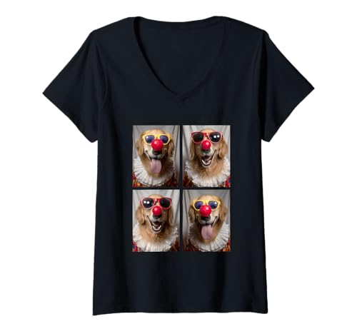 Damen Clowns Golden Retrievers mit Sonnenbrille Kidcore Halloween T-Shirt mit V-Ausschnitt Damen Clowns Golden Retrievers mit Sonnenbrille Kidcore Halloween T-Shirt mit V-Ausschnitt von Hilarious Halloween Costumes