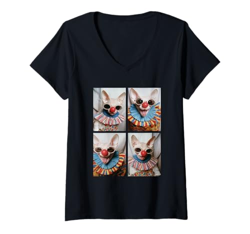 Damen Clowns Sphynx Katzen mit Sonnenbrille Kidcore Halloween Tiere T-Shirt mit V-Ausschnitt von Hilarious Halloween Costumes
