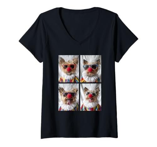 Damen Clowns Yorkshire Terrier mit Sonnenbrille Kidcore Halloween T-Shirt mit V-Ausschnitt Damen Clowns Yorkshire Terrier mit Sonnenbrille Kidcore Halloween T-Shirt mit V-Ausschnitt von Hilarious Halloween Costumes