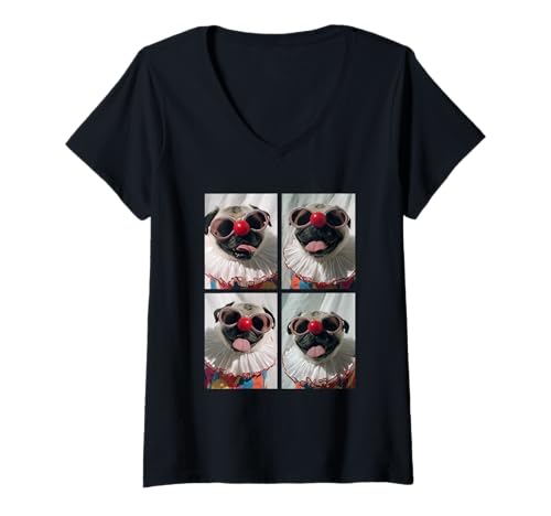 Damen Lustige Mops mit Sonnenbrille Clown Hunde Kidcore Halloween T-Shirt mit V-Ausschnitt Damen Lustige Mops mit Sonnenbrille Clown Hunde Kidcore Halloween T-Shirt mit V-Ausschnitt von Hilarious Halloween Costumes