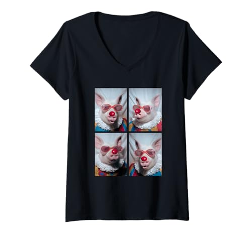 Damen Lustige Schweine mit Sonnenbrille Clown Tier Kidcore Halloween T-Shirt mit V-Ausschnitt Damen Lustige Schweine mit Sonnenbrille Clown Tier Kidcore Halloween T-Shirt mit V-Ausschnitt von Hilarious Halloween Costumes