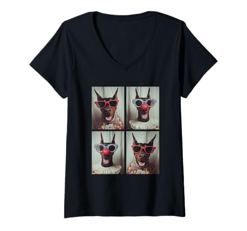 Damen Niedliche Clowns Dobermänner mit Sonnenbrille Kidcore Halloween Hunde T-Shirt mit V-Ausschnitt Damen Niedliche Clowns Dobermänner mit Sonnenbrille Kidcore Halloween Hunde T-Shirt mit V-Ausschnitt von Hilarious Halloween Costumes