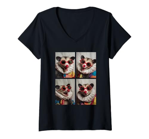 Damen Niedliche Opossums mit Sonnenbrille Clown Tier Kidcore Halloween T-Shirt mit V-Ausschnitt Damen Niedliche Opossums mit Sonnenbrille Clown Tier Kidcore Halloween T-Shirt mit V-Ausschnitt von Hilarious Halloween Costumes