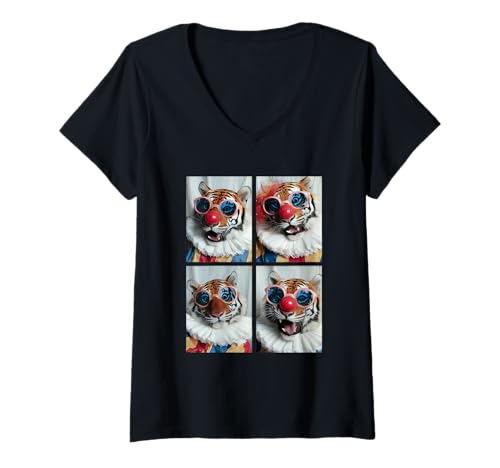 Damen Niedliche Tiger mit Sonnenbrille Clown Tiere Kidcore Halloween T-Shirt mit V-Ausschnitt Damen Niedliche Tiger mit Sonnenbrille Clown Tiere Kidcore Halloween T-Shirt mit V-Ausschnitt von Hilarious Halloween Costumes