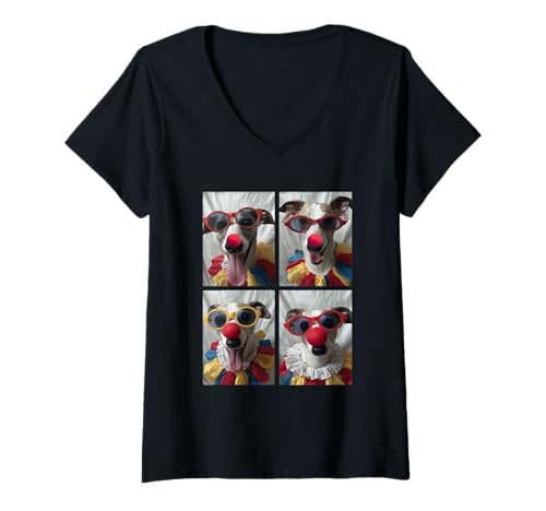 Damen Niedliche Whippets mit Sonnenbrille Clown Hunde Kidcore Halloween T-Shirt mit V-Ausschnitt Damen Niedliche Whippets mit Sonnenbrille Clown Hunde Kidcore Halloween T-Shirt mit V-Ausschnitt von Hilarious Halloween Costumes