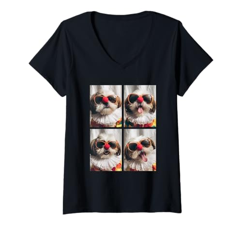 Damen Niedlicher Shih Tzus mit Sonnenbrille Clown Hunde Kidcore Halloween T-Shirt mit V-Ausschnitt Damen Niedlicher Shih Tzus mit Sonnenbrille Clown Hunde Kidcore Halloween T-Shirt mit V-Ausschnitt von Hilarious Halloween Costumes