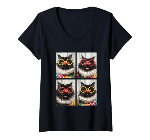 Damen Perserkatzen mit Sonnenbrille Clown Kätzchen Kidcore Halloween T-Shirt mit V-Ausschnitt Damen Perserkatzen mit Sonnenbrille Clown Kätzchen Kidcore Halloween T-Shirt mit V-Ausschnitt von Hilarious Halloween Costumes