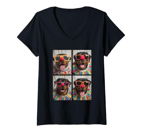 Damen Rottweiler mit Sonnenbrille Clown Hunde Kidcore Halloween T-Shirt mit V-Ausschnitt Damen Rottweiler mit Sonnenbrille Clown Hunde Kidcore Halloween T-Shirt mit V-Ausschnitt von Hilarious Halloween Costumes