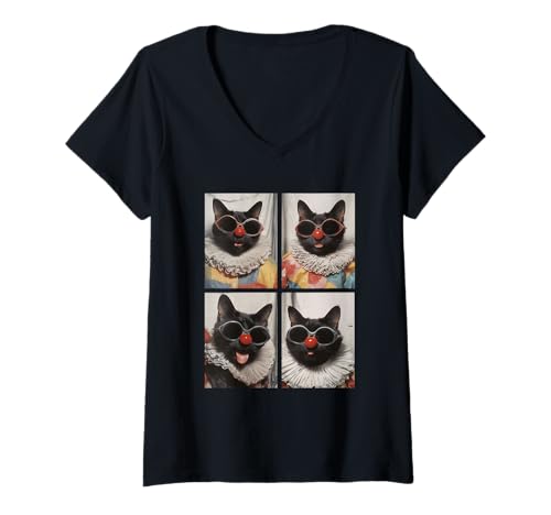 Damen Schwarze Katzen mit Sonnenbrille Clown Kätzchen Kidcore Halloween T-Shirt mit V-Ausschnitt Damen Schwarze Katzen mit Sonnenbrille Clown Kätzchen Kidcore Halloween T-Shirt mit V-Ausschnitt von Hilarious Halloween Costumes