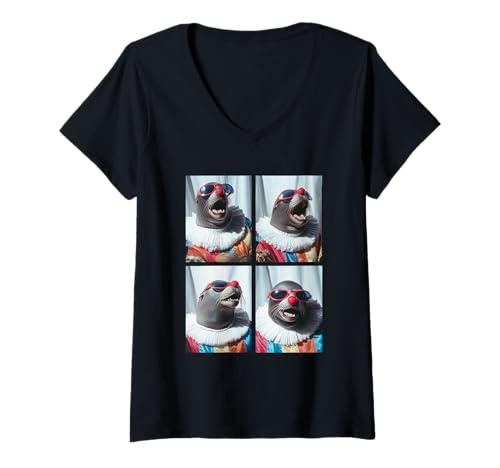 Damen Seelöwen mit Sonnenbrille Clown Tiere Kidcore Halloween T-Shirt mit V-Ausschnitt Damen Seelöwen mit Sonnenbrille Clown Tiere Kidcore Halloween T-Shirt mit V-Ausschnitt von Hilarious Halloween Costumes