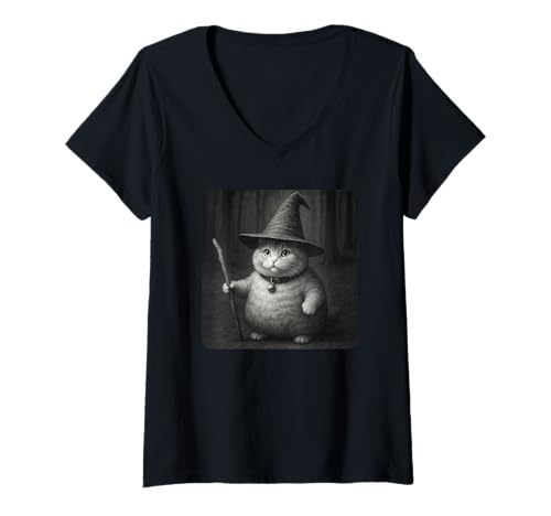 Damen Wizard Cat Meme Funny Spooky Witch Cat Halloween Meme T-Shirt mit V-Ausschnitt Damen Wizard Cat Meme Funny Spooky Witch Cat Halloween Meme T-Shirt mit V-Ausschnitt von Hilarious Halloween Novelty Tops ...