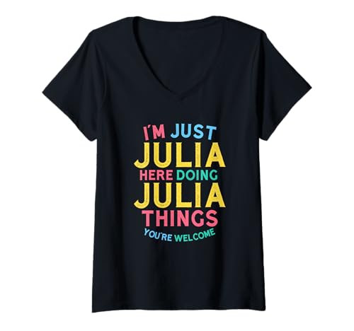 Damen Julia Macht Hier Julia-Dinge Lustiger Julia-Name T-Shirt mit V-Ausschnitt Damen Julia Macht Hier Julia-Dinge Lustiger Julia-Name T-Shirt mit V-Ausschnitt von Hilarious Julia Girl Name Stuff Corner