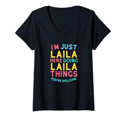 Damen Laila Macht Hier Laila-Dinge Lustiger Laila-Name T-Shirt mit V-Ausschnitt Damen Laila Macht Hier Laila-Dinge Lustiger Laila-Name T-Shirt mit V-Ausschnitt von Hilarious Laila Girl Name Stuff Corner