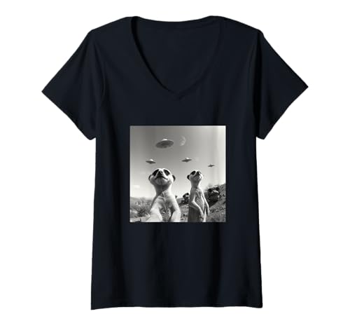 Damen Lustiges Erdmännchen posiert für EIN Selfie, während UFOs seltsam fliegen T-Shirt mit V-Ausschnitt Damen Lustiges Erdmännchen posiert für EIN Selfie, während UFOs seltsam fliegen T-Shirt mit V-Ausschnitt von Hilarious Meerkat flying saucer team