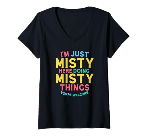 Damen Misty Macht Hier Nebelige Dinge Lustiger Nebelname T-Shirt mit V-Ausschnitt Damen Misty Macht Hier Nebelige Dinge Lustiger Nebelname T-Shirt mit V-Ausschnitt von Hilarious Misty Girl Name Stuff Corner