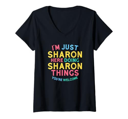 Damen Sharon Macht Hier Sharon-Dinge Lustiger Sharon-Name T-Shirt mit V-Ausschnitt Damen Sharon Macht Hier Sharon-Dinge Lustiger Sharon-Name T-Shirt mit V-Ausschnitt von Hilarious Sharon Girl Name Stuff Corner