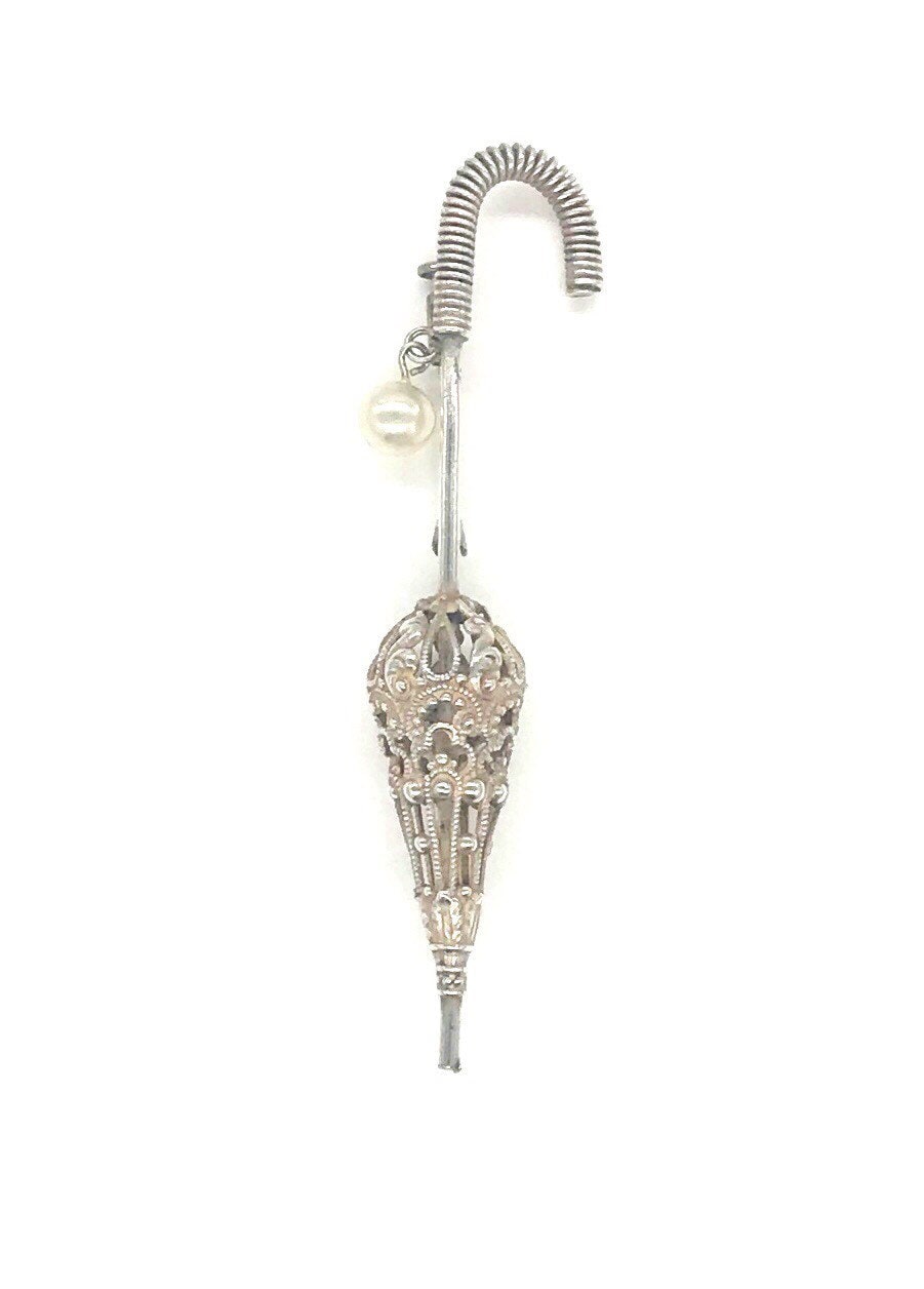 Vintage Feiner .999 Silber Filagree Regenschirm Mit Perle von HileauBoutique