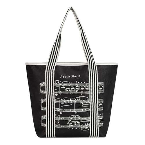 HilerPunk Damen Umhängetasche Handtasche,Musik Note Tote Bag, 600D Waterproof Nylon Cloth Reusable Shopping Bags,Musik Programm Tote Bag mit hoher Note Reißverschluss Reisetasche-Schwarz von HilerPunk