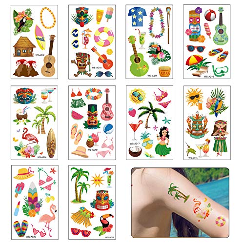10 Blätter Temporäre Tattoo Aufkleber Hawaiian Temporäre Tattoos Wasserdichte Aloha Tattoos Tropische Temporäre Aufkleber Temporäre Transfer Tattoos Summer Beach Pool Party Zubehör für Kinder Frauen von Hileyu
