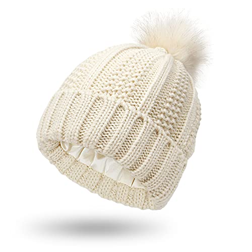 Beanie Mütze für Männer Frauen Weiche Wintermütze mit Kunstpelz Pompon Warme Strickmützen Mütze Unisex Klassischer Cuffed Plain Hut für Jungen Mädchen Herbst Winter (Beige) von Hileyu