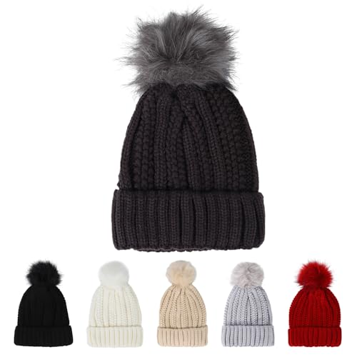 Beanie Mütze für Männer Frauen Weiche Wintermütze mit Kunstpelz Pompon Warme Strickmützen Mütze Unisex Klassischer Cuffed Plain Hut für Jungen Mädchen Herbst Winter (Dunkelgrau) von Hileyu