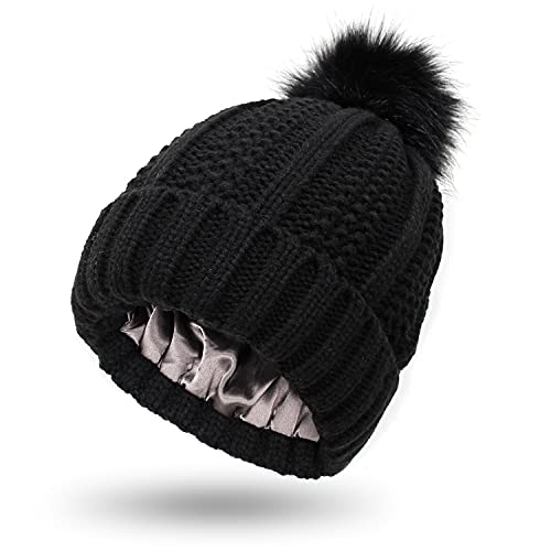 Beanie Mütze für Männer Frauen Weiche Wintermütze mit Kunstpelz Pompon Warme Strickmützen Mütze Unisex Klassischer Cuffed Plain Hut für Jungen Mädchen Herbst Winter (Schwarz) von Hileyu