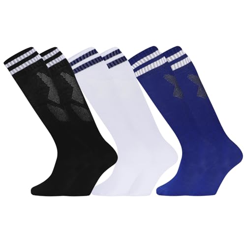 Hileyu 3 Paarr Fußballsocken Kinder,Kniestrümpfe kinder,Sportsocken Kinder,Jugend Rutschfeste Fußball Socken,von 5-12 Jahren für Fußballtraining,Laufen,Sport,Schwarz Blau Weiß,Einheitsgröße von Hileyu