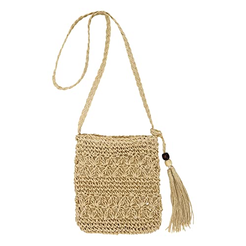 Hileyu Stroh Tasche für Frauen Stroh Einzelne Crossbody Tasche Sommer Kleine Strandtaschen mit Quaste Weave Handmade Raffia Tasche Bohemian Schulter Geldbörse für Reisen (Beige) von Hileyu