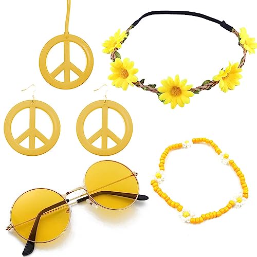 Hippie Kostüm Set Retro Hippie Accessoires Vintage Ankleidezubehör 60er 70er Jahre Kostüm Zubehö Hippie Partyzubehör Inklusive Vintage Brille Stirnband Halskette Ohrringe für Frauen (Gelb) von Hileyu