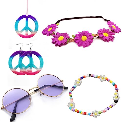 Hippie Kostüm Set Retro Hippie Accessoires Vintage Ankleidezubehör 60er 70er Jahre Kostüm Zubehö Hippie Partyzubehör Inklusive Vintage Brille Stirnband Halskette Ohrringe für Frauen (Lila) von Hileyu