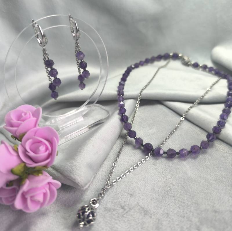 Amethyst Set Earrings & Necklace With Terahertz For Enhanced Communication Mental Clarity Amethyst Set Earrings & Necklace With Terahertz For Enhanced Communication Mental Clarity von HilfeausderNatur