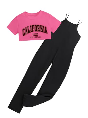 Hilinker 2-teiliges Outfit für Mädchen, grafisches Kurzarm-Crop-Top und Cami-Jumpsuit-Set, Schwarz / Pink California, 7-8 Jahre von Hilinker