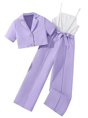 Hilinker 2-teiliges Outfit für Mädchen, kurzärmelig, Blazer und ärmelloser Jumpsuit mit Gürtel, Lila, Weiß, 7-8 Jahre von Hilinker