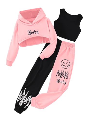 Hilinker 3-teiliges Outfit für Mädchen, bauchfrei, mit Kapuze, geripptes Tanktop und Sweatpants, Schwarz Rosa Baby, 13-14 Jahre von Hilinker