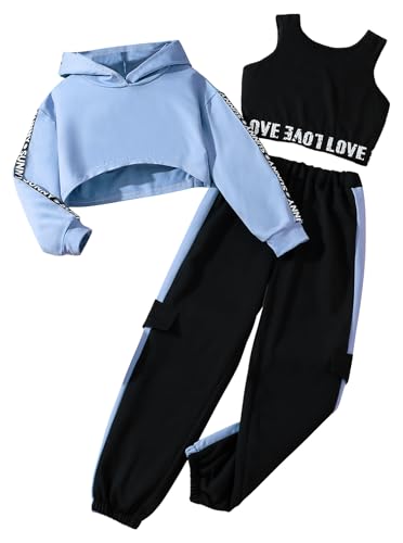 Hilinker 3-teiliges Outfit für Mädchen mit Kapuze, bauchfreies Tanktop und Sweatpants, Blau Schwarz, 9-10 Jahre von Hilinker