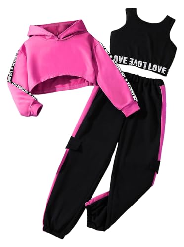 Hilinker 3-teiliges Outfit für Mädchen mit Kapuze, bauchfreies Tanktop und Sweatpants, Hot Pink Black La, 9-10 Jahre von Hilinker