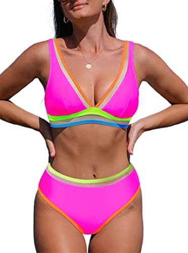 Hilinker Damen-Bikini-Set mit V-Ausschnitt, Netzstoff, Farbblock-Badeanzug, 2-teilig, Knallpink (Hot Pink), Large von Hilinker