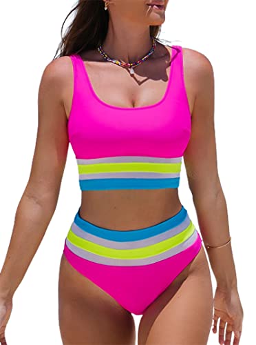 Hilinker Damen Bikini mit hoher Taille und Cut-Out-Detail, bauchfreies Top, Farbblock-Badeanzug, Hot Pink Mesh, Large von Hilinker